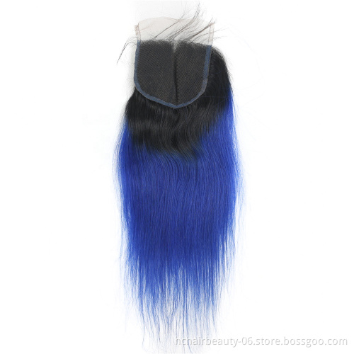 Pre-Colored 2 Tone Blue Brazilian Hair Weave Bundles Straight Ombre 3 Bundles T1B/Blue Dark Roots Human Hair Extensions Remy